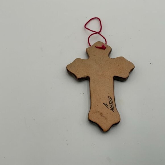 Vintage Tonala Mexican Pottery CROSS Ornament with Hand Painted Dove and Flower - Picture 2 of 3
